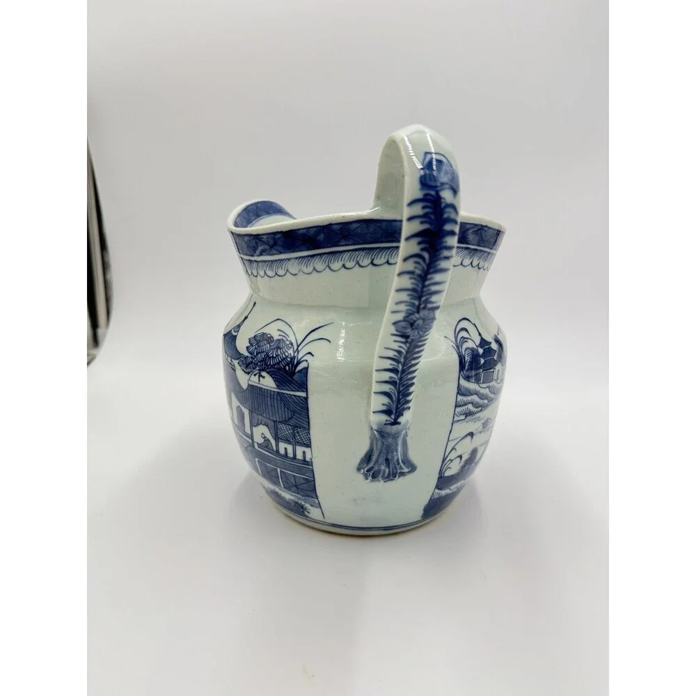 Antique Chinese Blue & White Canton Export Porcelain Large Pitcher 9”H x12” L